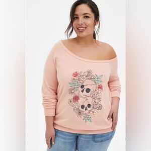 Torrid Pink Off-the-Shoulder Sweater with Floral Skull Motif